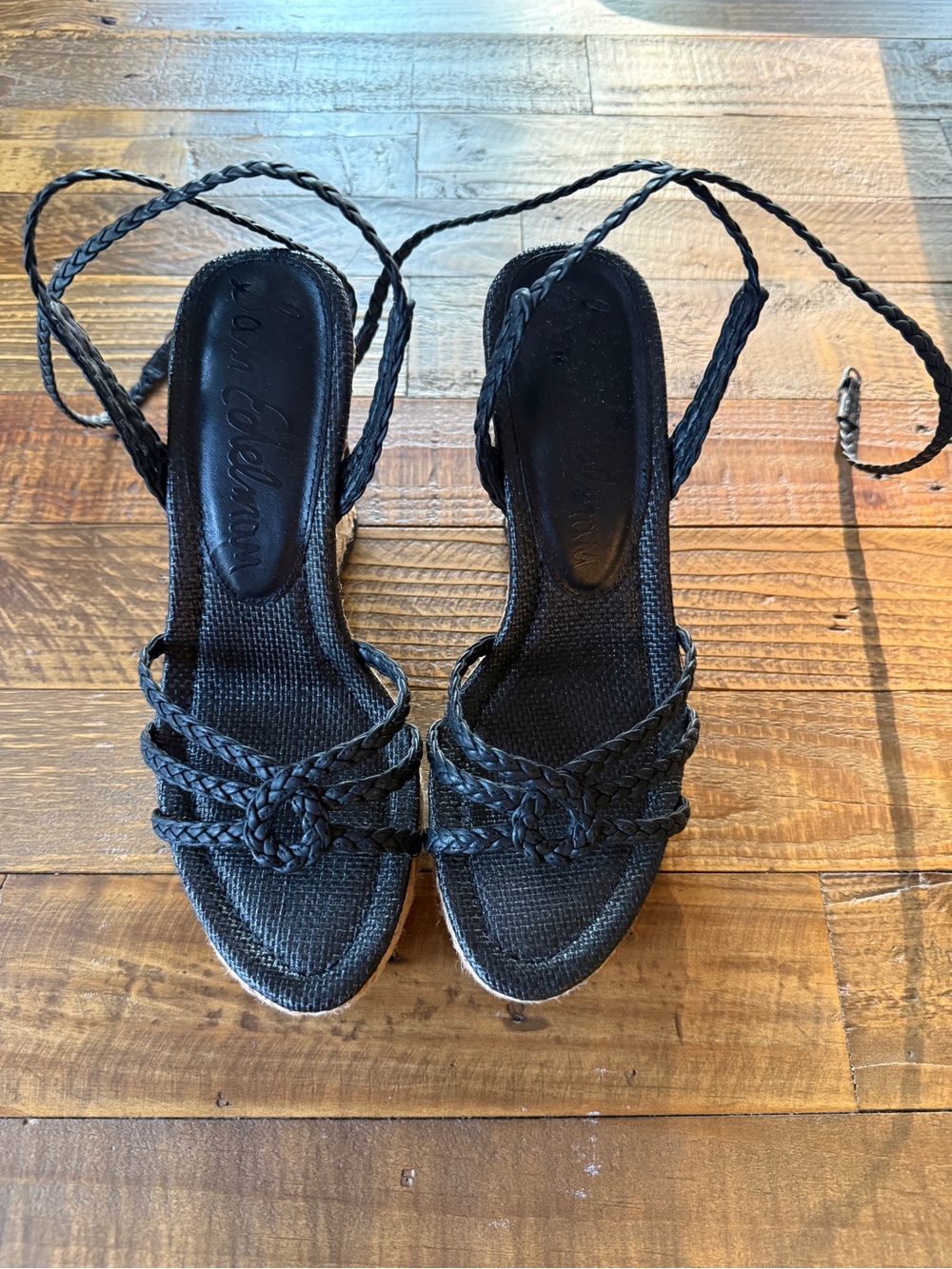 Sam Edelman Black Braided Wedge Sandals with Ankle Wrap